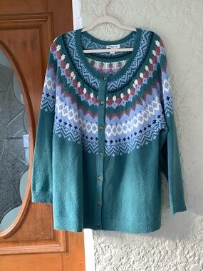 Coldwater Creek Teal Fair Isle Button-Front Cardigan